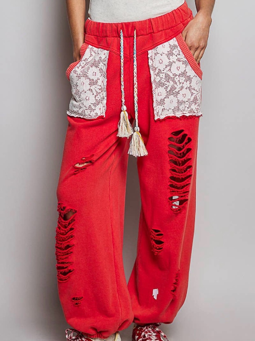 NWT POL Distressed Crochet Lace Jogger Sweatpants Sweats Joggers Pants Red - Picture 11 of 11